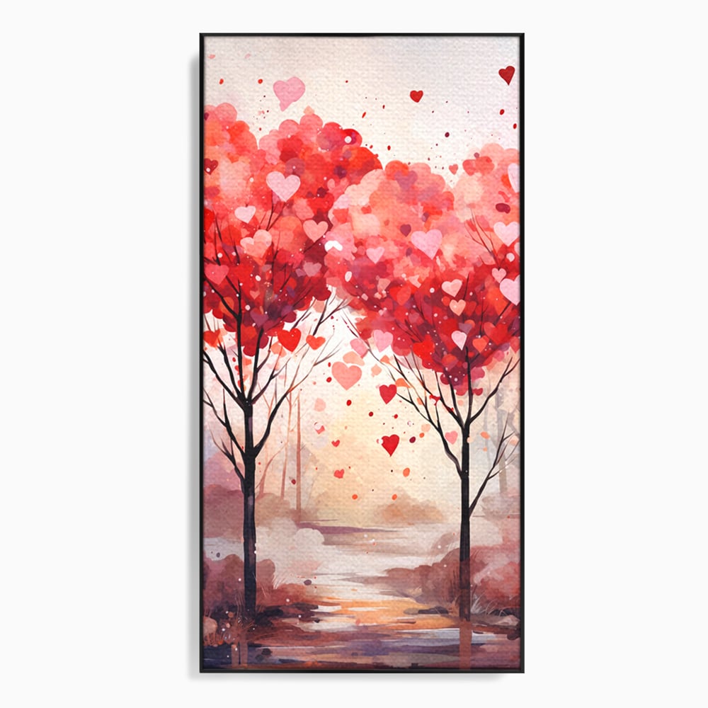 Tablou canvas cu tablou canvas cu doi copaci in forma de inimi, in rama de aluminiu negru